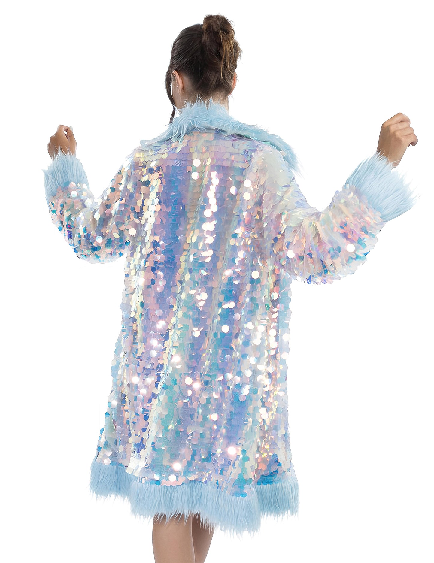 Obojstranný modrý flitrovaný kabát s umelou kožušinou pre dospelých