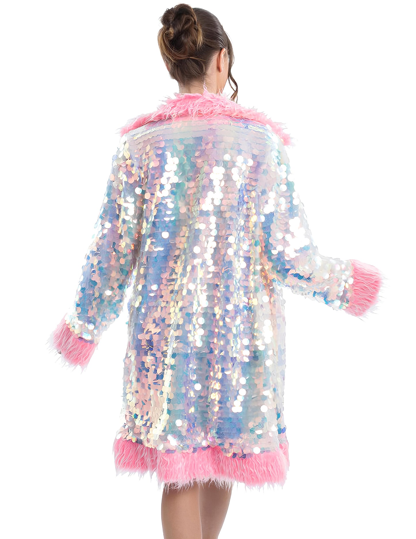 Obojstranný ružový kabát s flitrami a umelou kožušinou pre dospelých