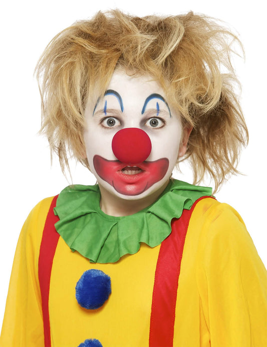 Portrait du rendu final en clown du kit complet de maquillage de carnaval
