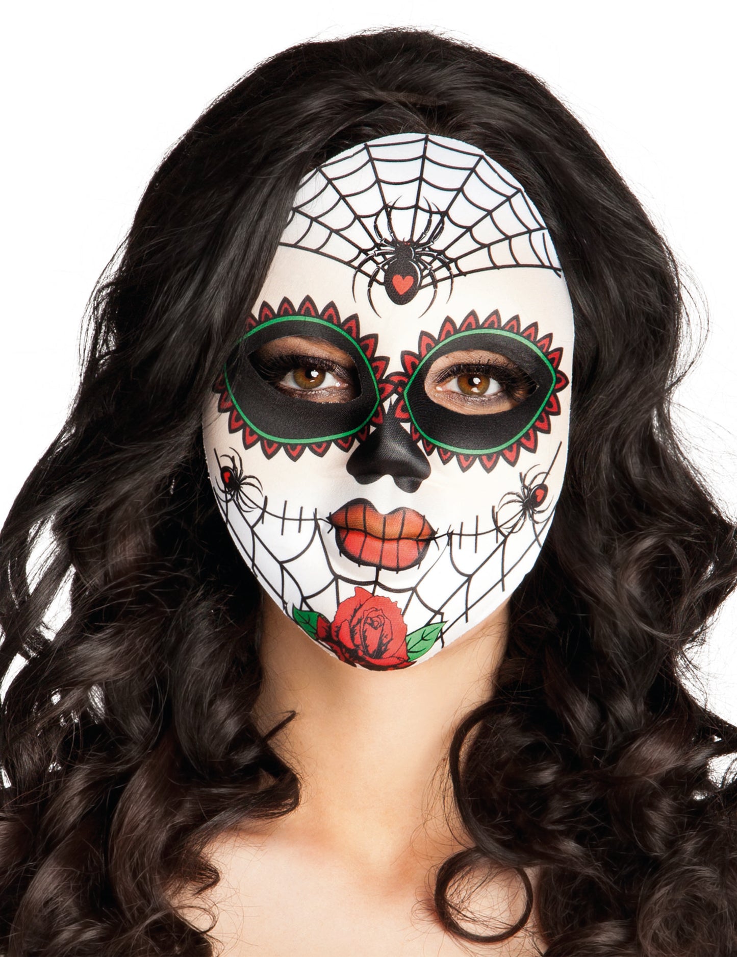 Masque Dia de los muertos avec araignées pour adulte blanc aux motifs colorés