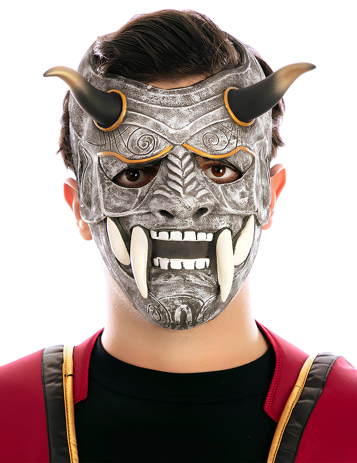 Masque démon japonais pour adulte gris argenté avec cornes et crocs