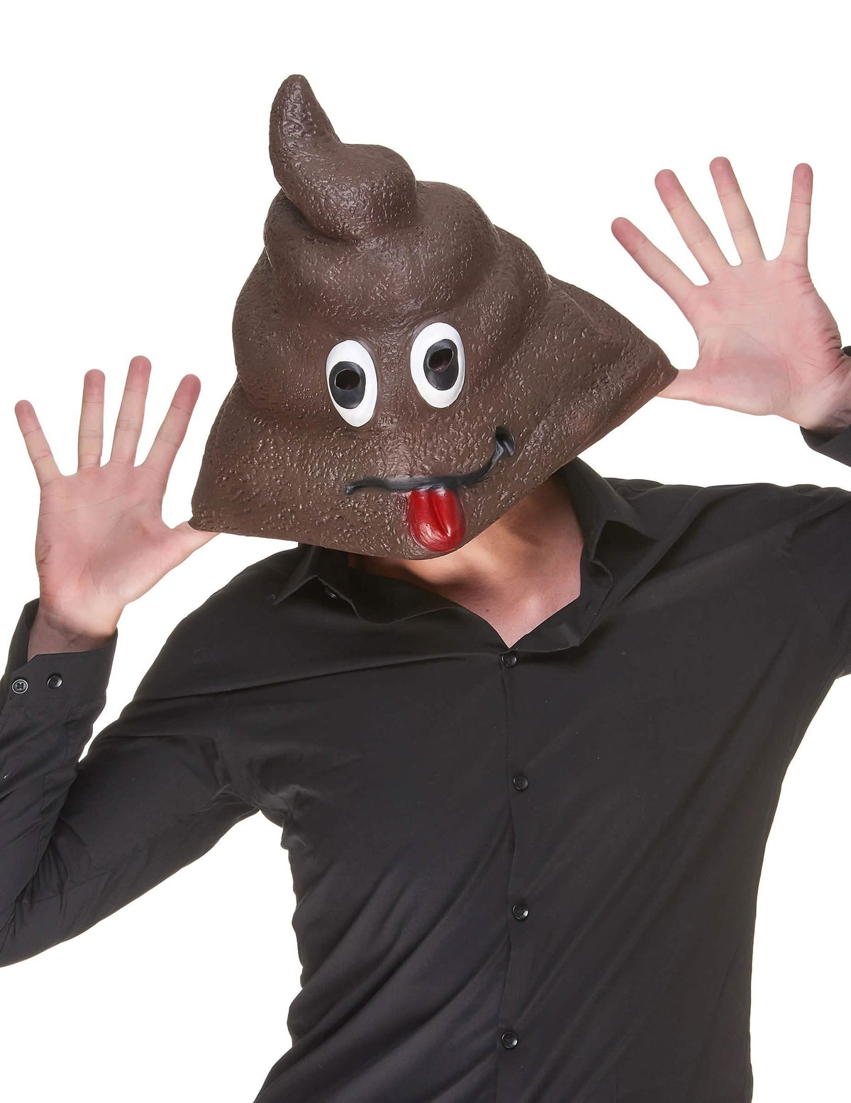Pohľad spredu na latexovú masku Caca pre dospelý