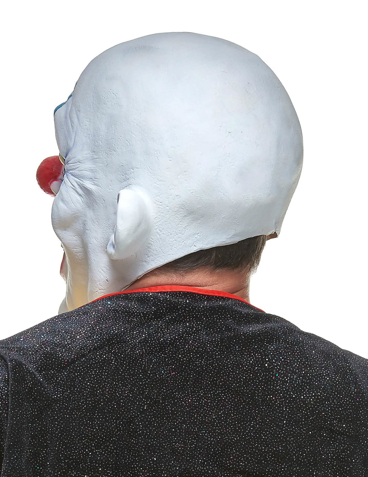 Pohľad zozadu na diabolskú latexovú masku klauna