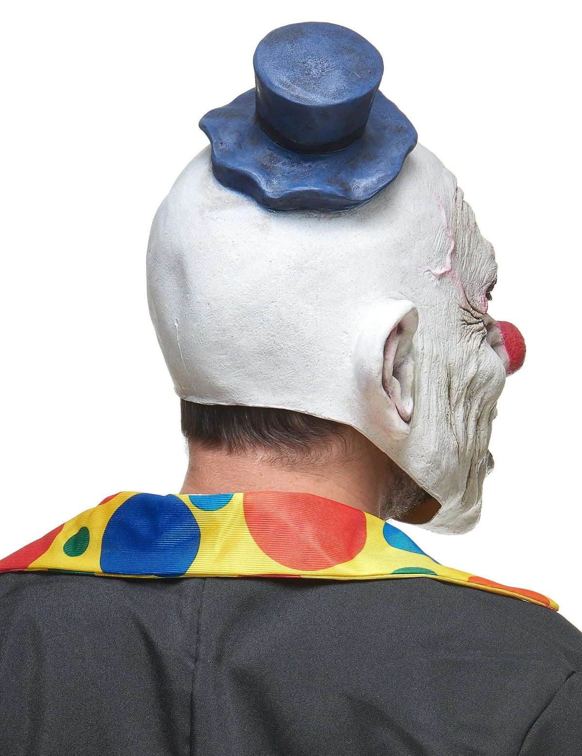 Pohľad zozadu na latexovú masku odporného klauna pre dospelého