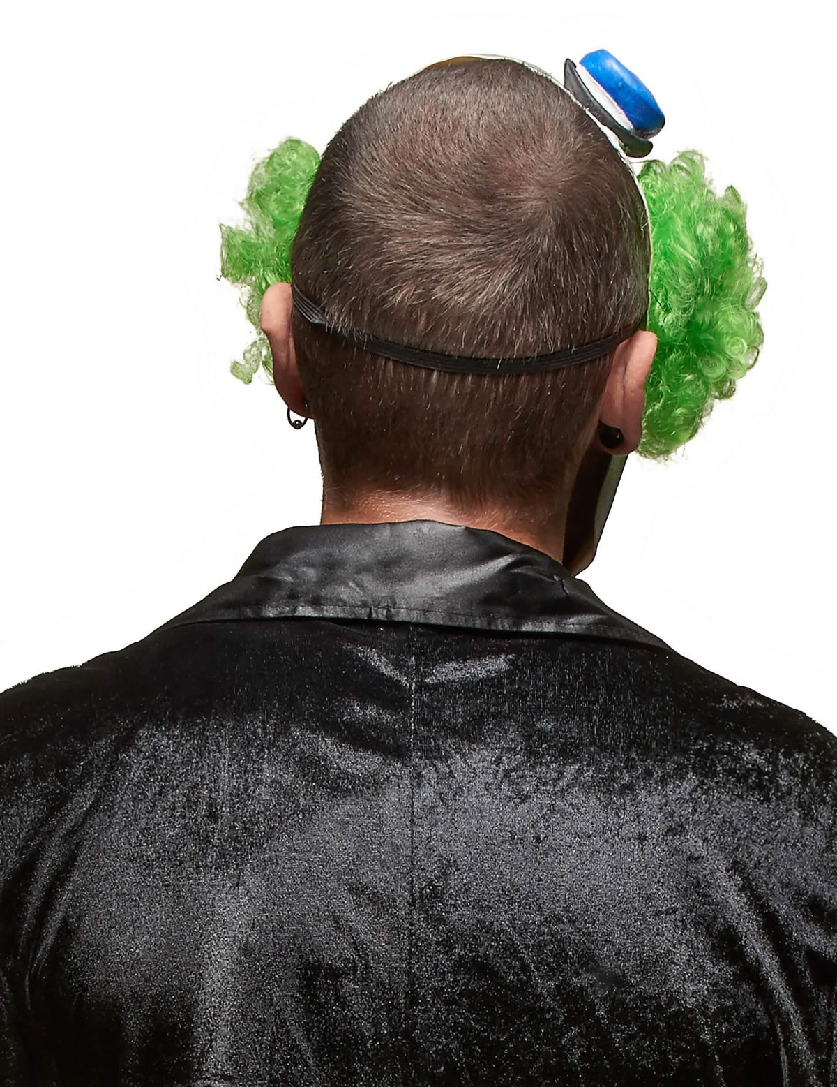 Zadný pohľad na strašidelnú latexovú masku klauna