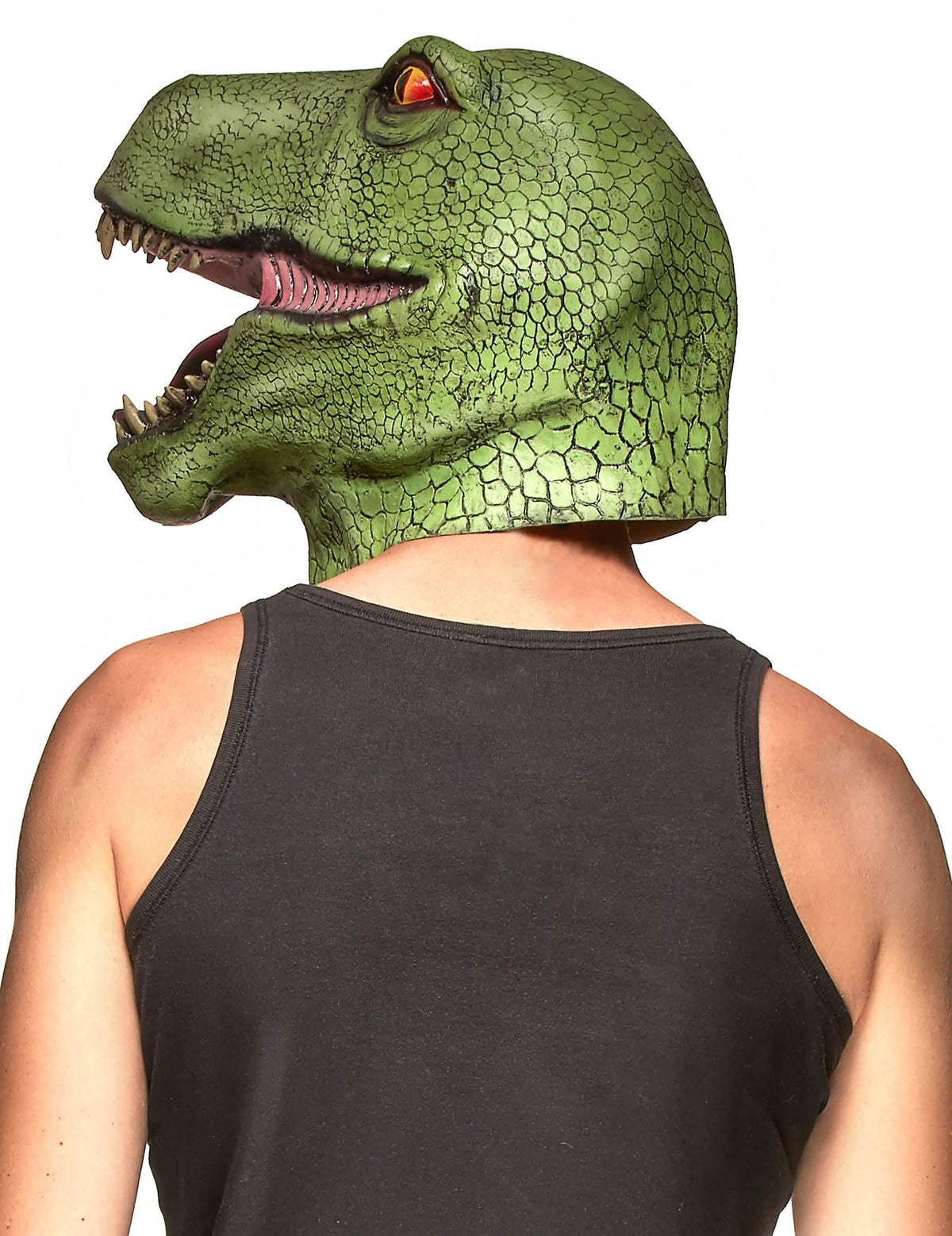 Bočný pohľad na latexovú masku dinosaurus