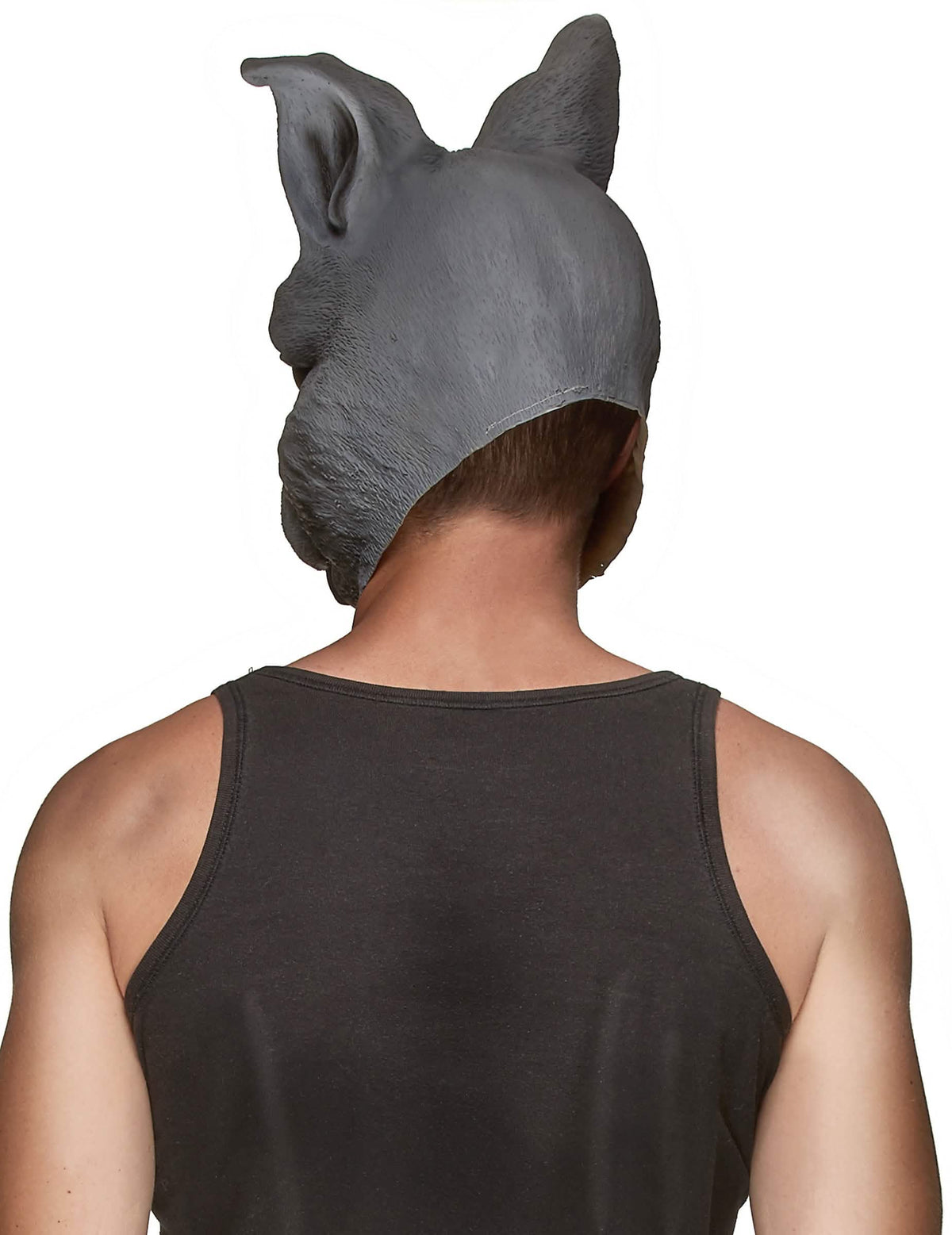 Pohľad zozadu na latexovú masku králiky
