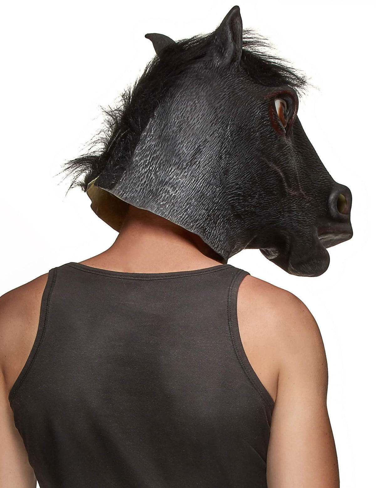 Pohľad zozadu na latexovú masku koňa na hlavu