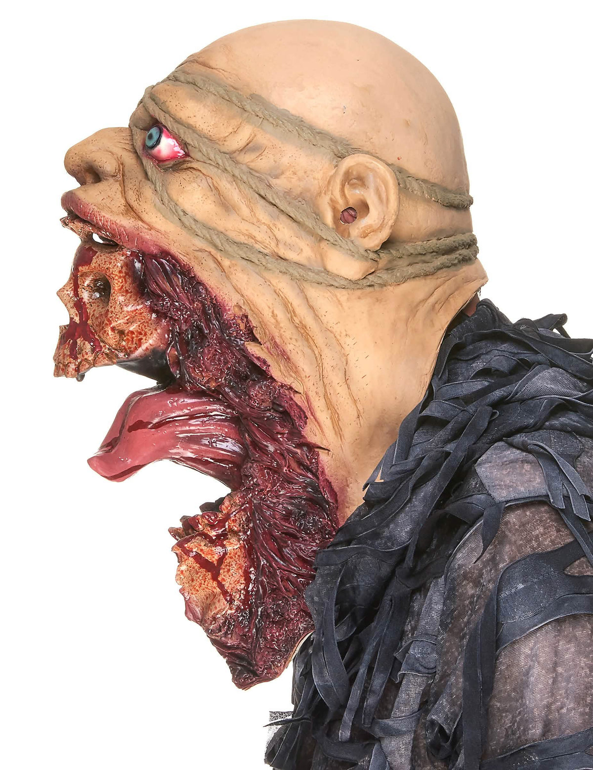 Bočný pohľad na latexovú masku zombíka požierača pre dospelého
