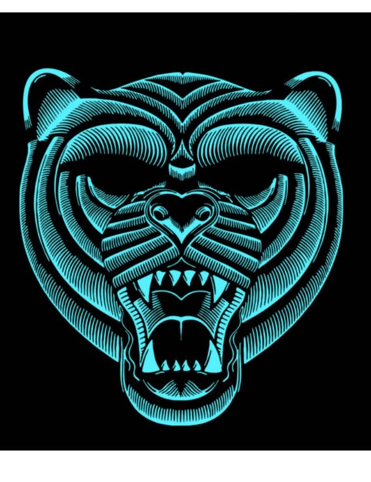 Détail de l'effet lumineux bleu du masque tigre à LED réactives adulte