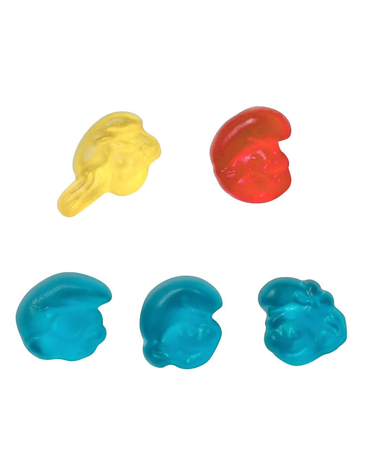 Détail des bonbons en forme de têtes du mini sachet de bonbons Les Schtroumpfs Haribo