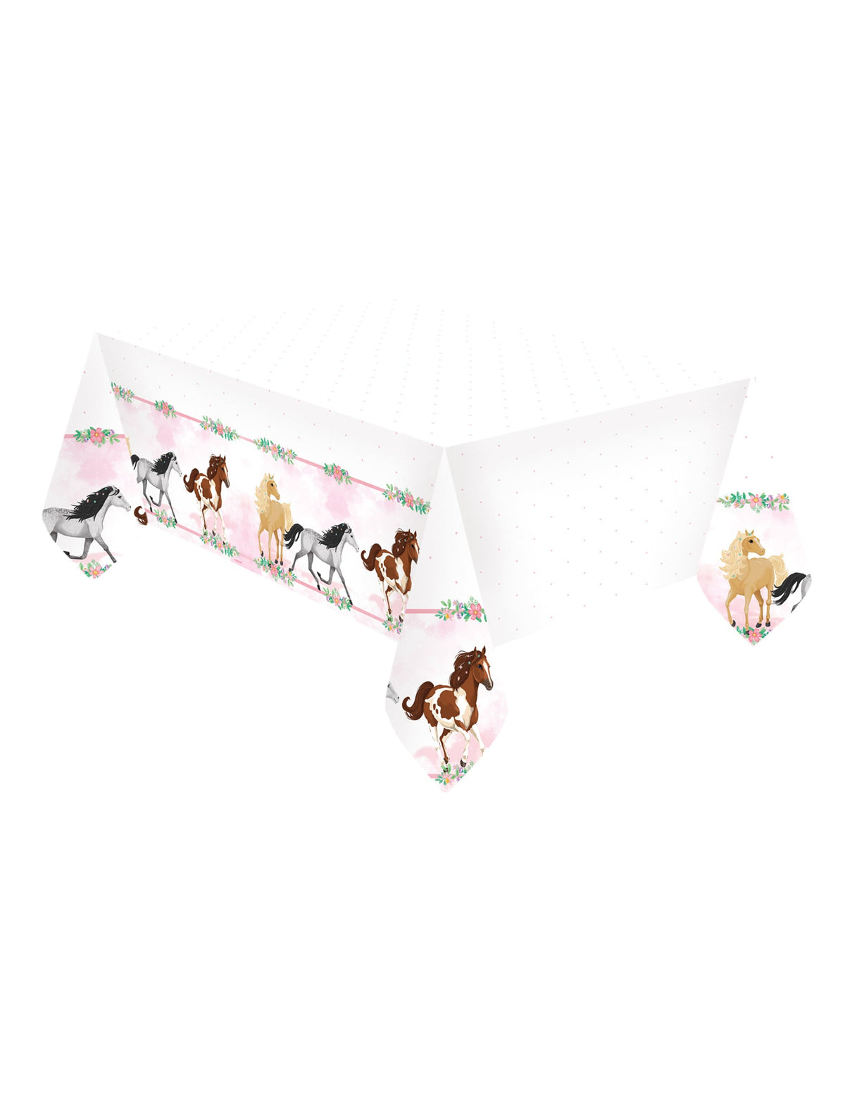 Nappe en plastique joli cheval pour anniversaire blanche et rose avec motifs de fleurs