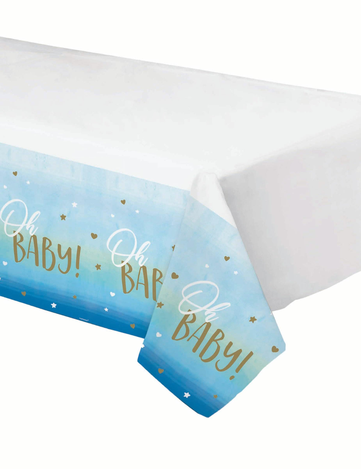 Plastový obrus oh baby na baby shower modrá a zlatá