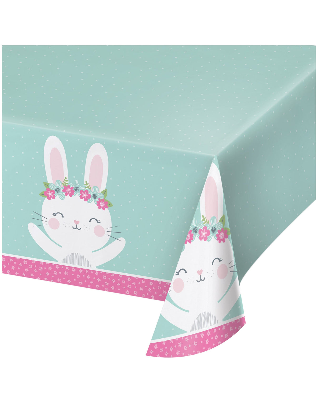 Nappe en plastique petit lapin pour anniversaire menthe avec fleurs roses