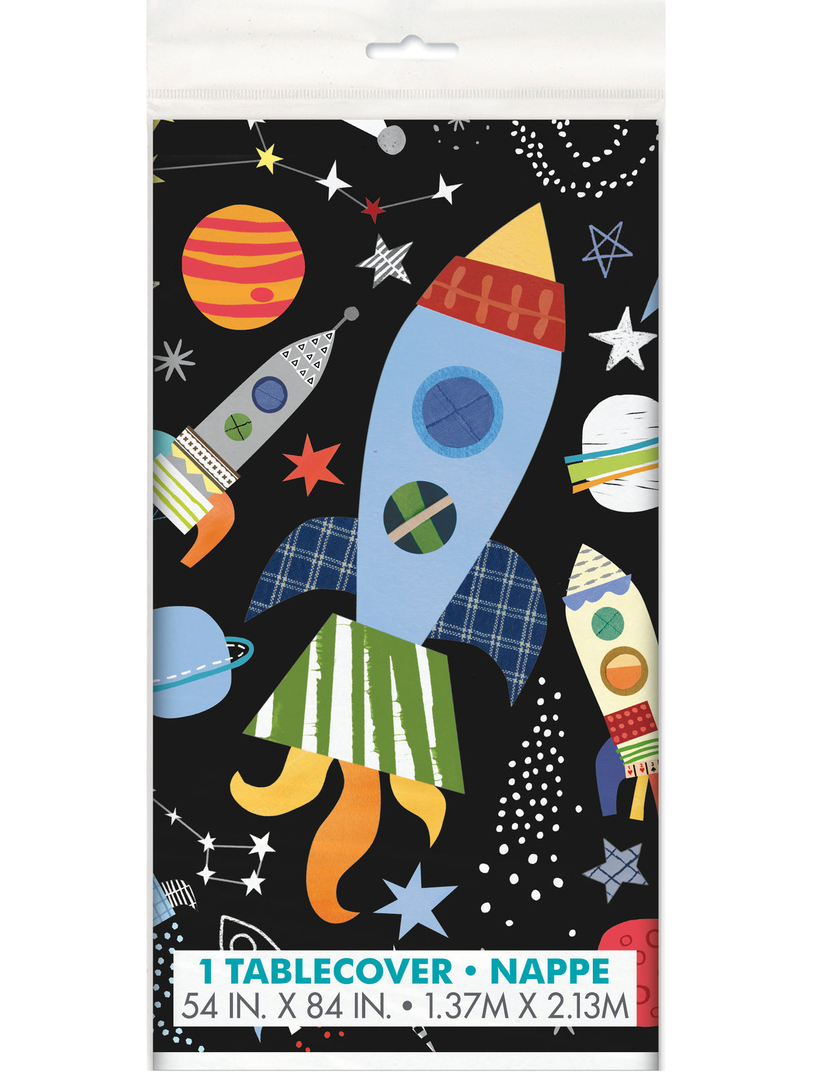 Nappe en plastique univers pour enfant noire avec motifs de fusées et planètes