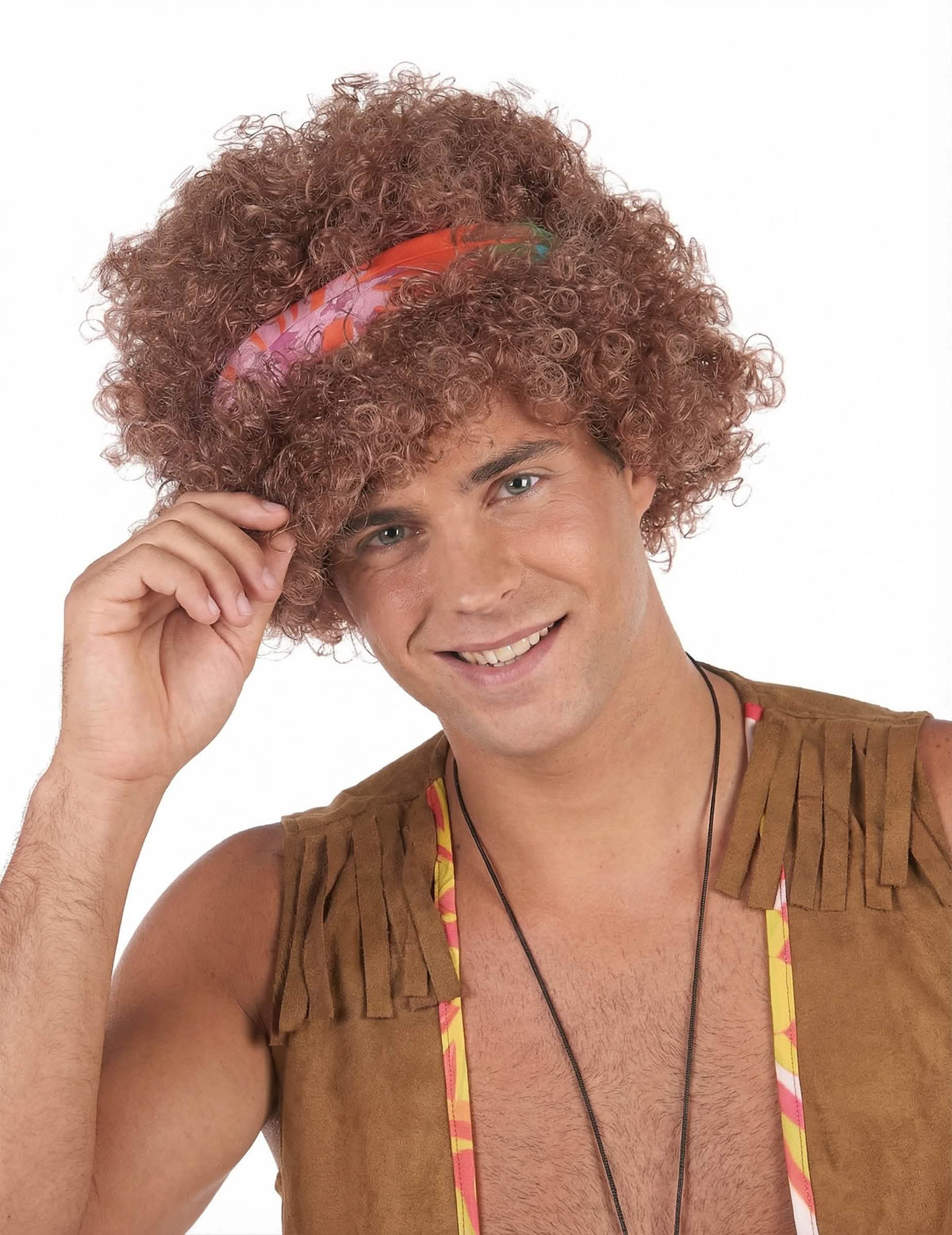 Afro parochňa hippie pre muž gaštanová s farebná čelenka