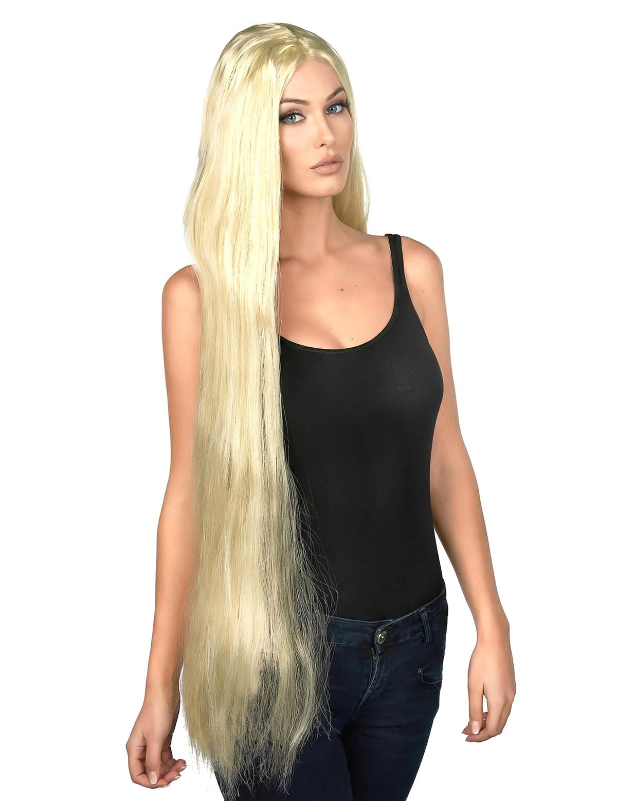 Pohľad na dlhú blond parochňu pre žena z troch štvrtín