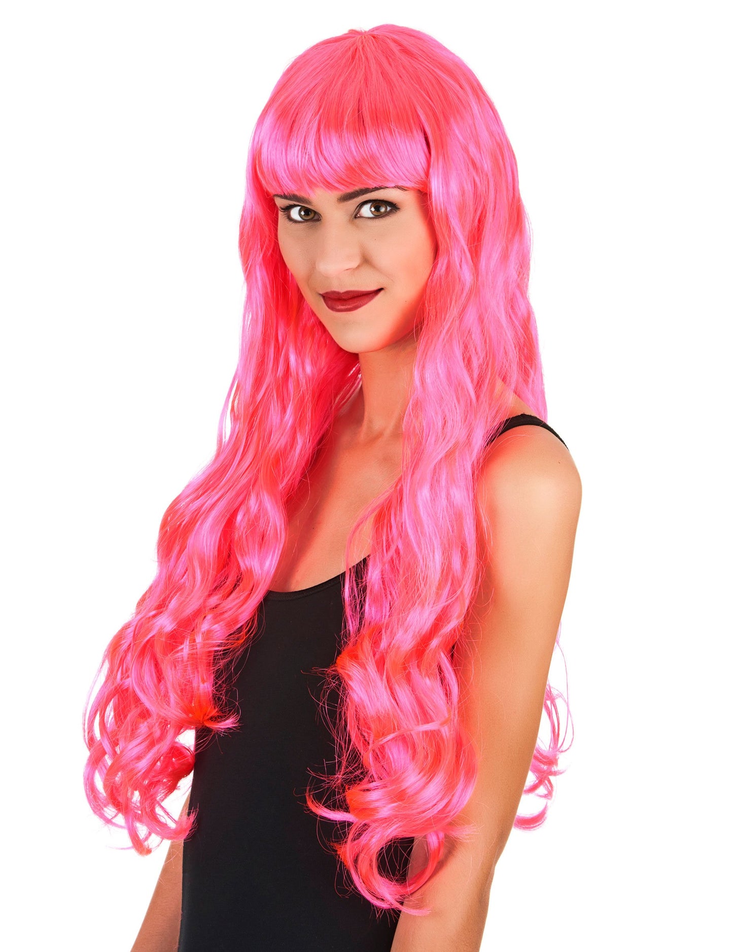 Dlhá ružová parochňa pre ženy s ofinou a vlnami