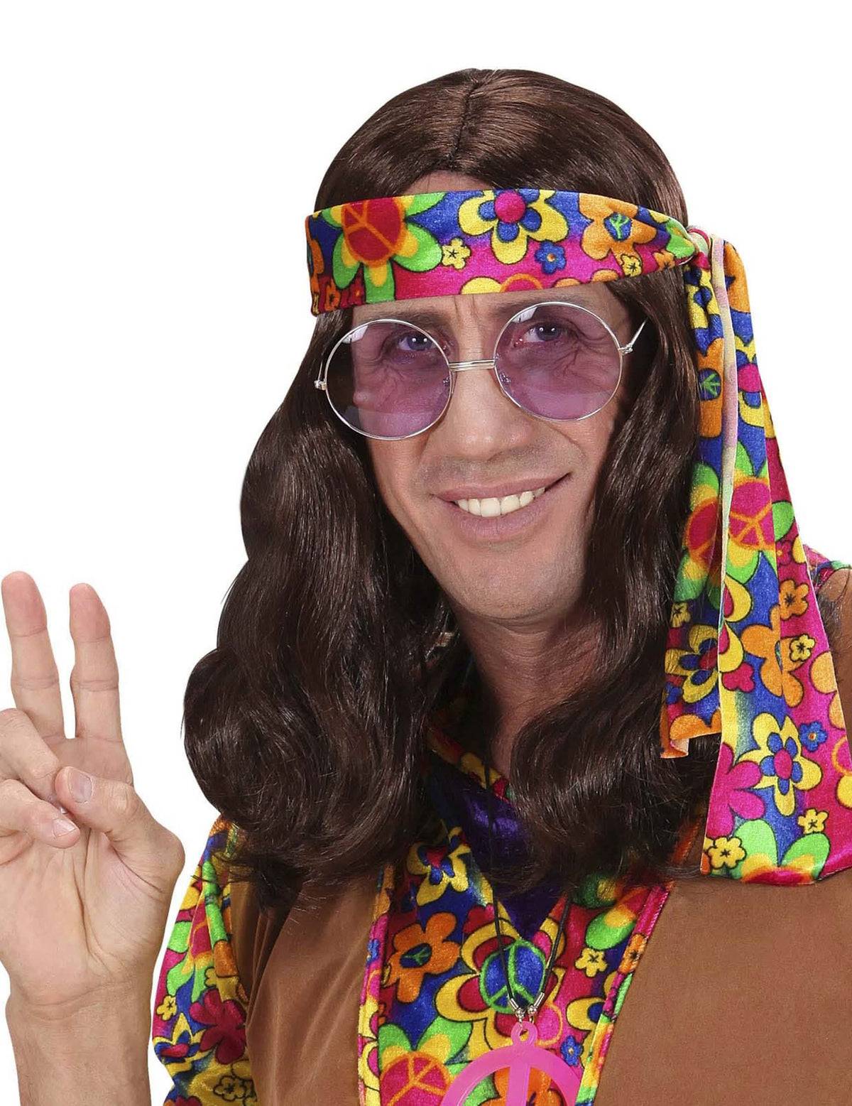 Hippie parochňa pre dospelého hnedá s farebnou kvetinovou čelenkou