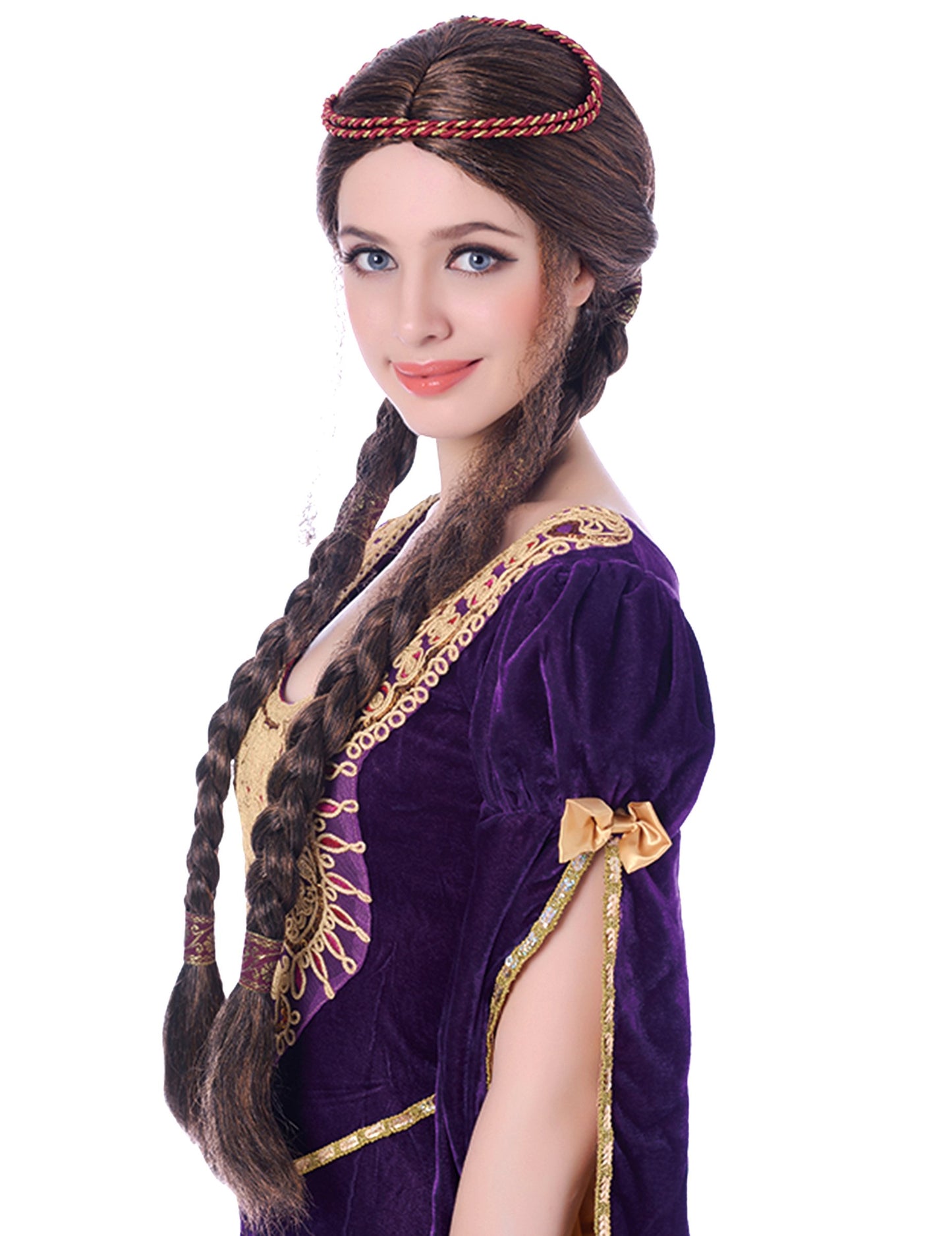 Perruque médiévale pour femme marron avec longues tresses et bandeau