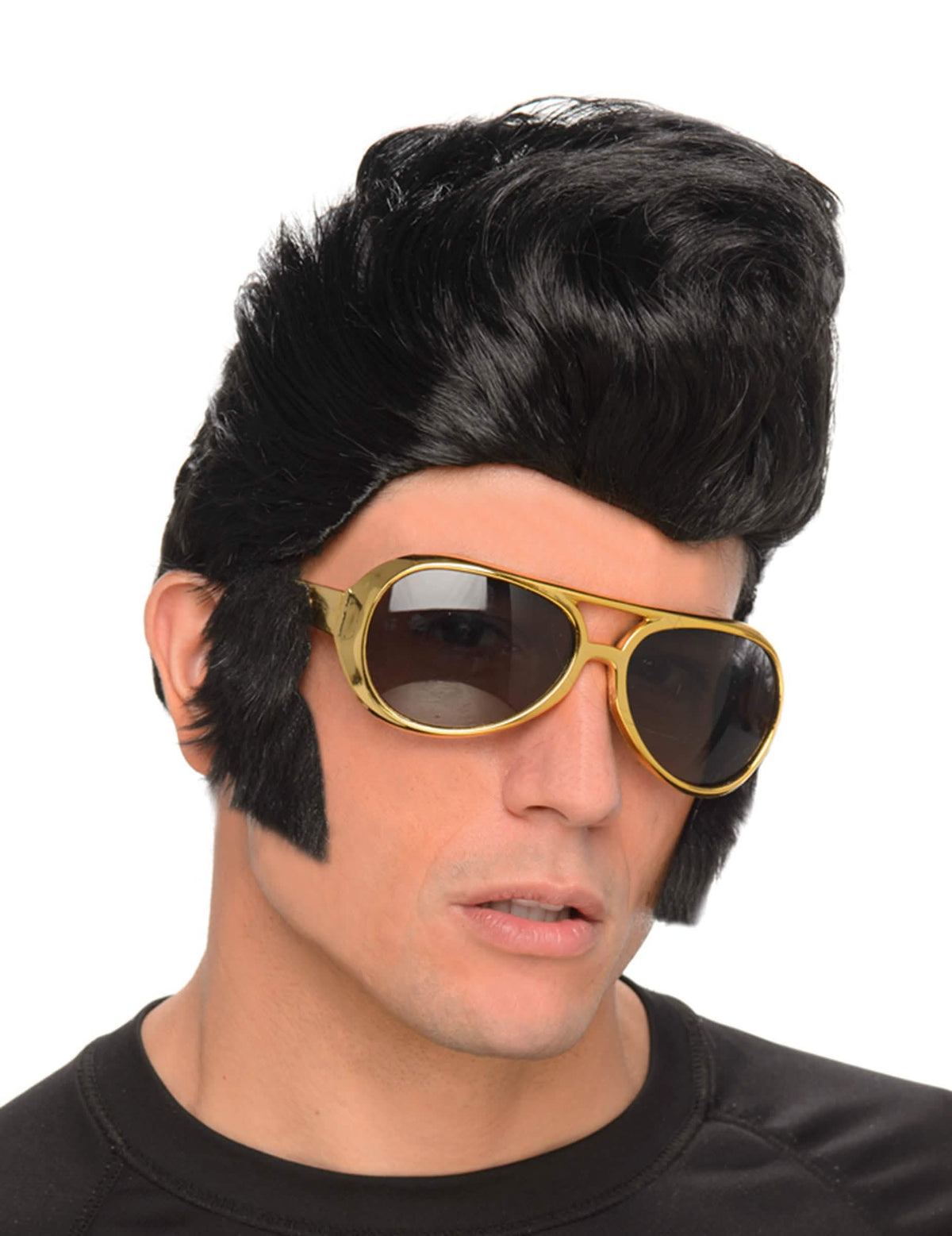 Čierna rocková parochňa pre muža so zlatými okuliarmi a kotletami