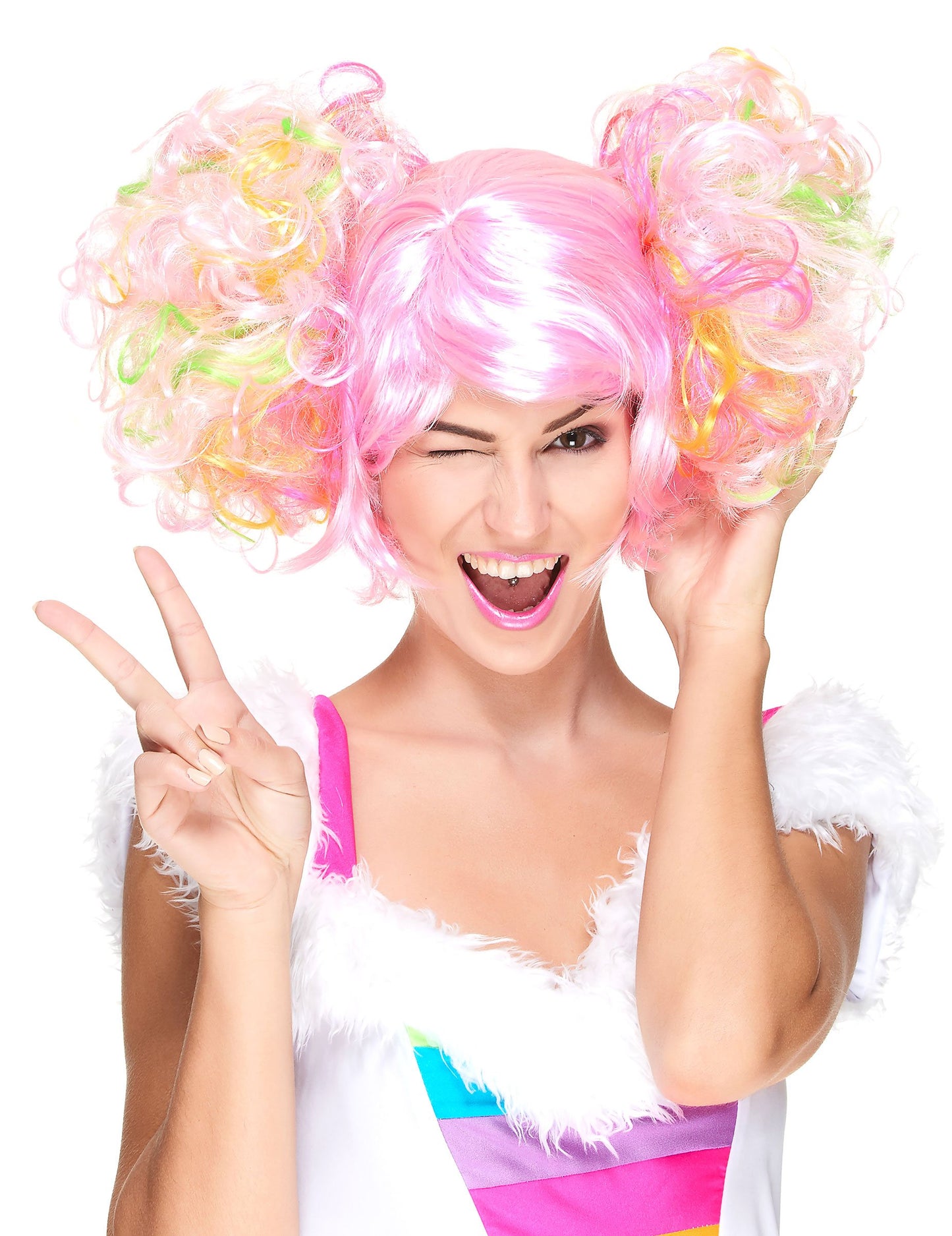 Perruque à couettes bouclées pour femme rose clair et multicolore