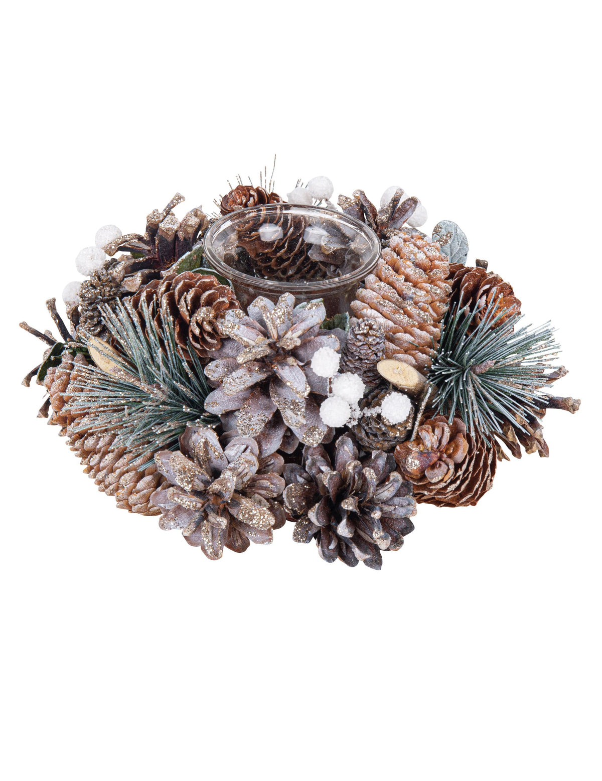 Photophore forêt enchantée pour décoration en verre et bois avec pommes de pin enneigées