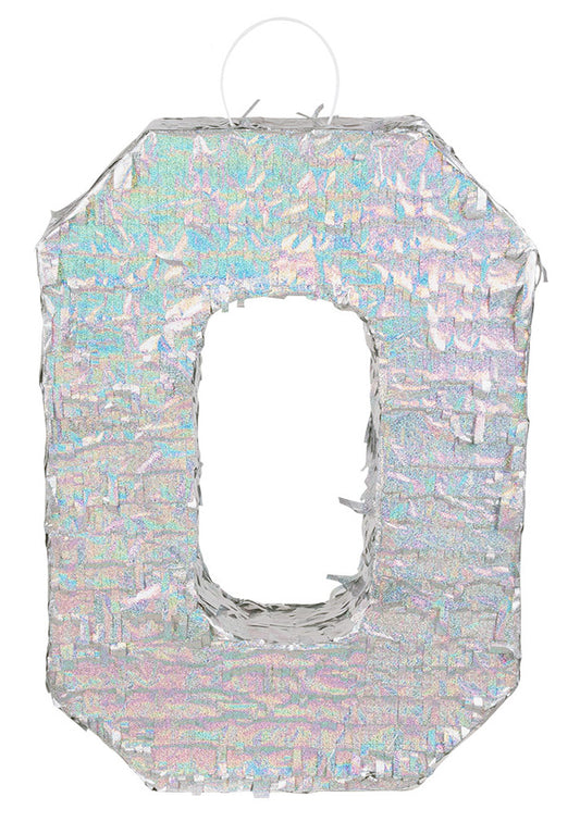 Vue de face de la piñata chiffre 0 pour fête holographique argent