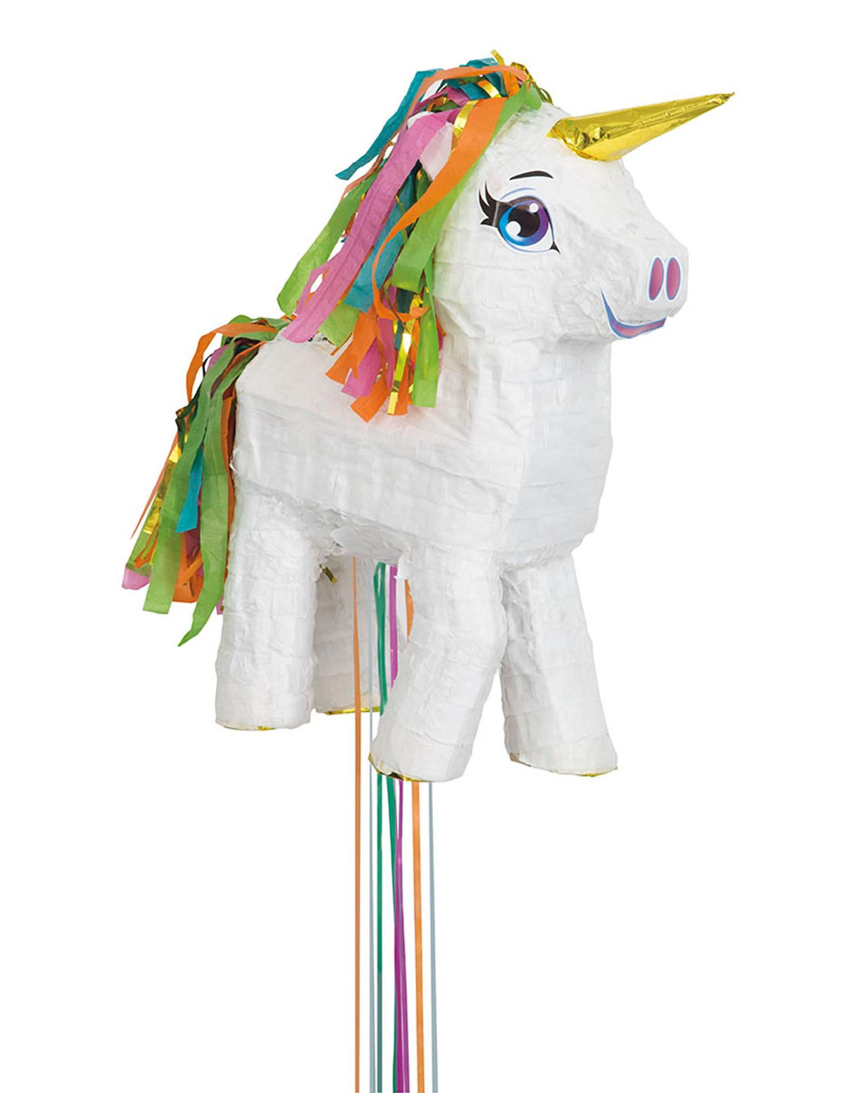 Piñata jednorožce pre dieťa biela s viacfarebnou hrivou a zlatým rohom