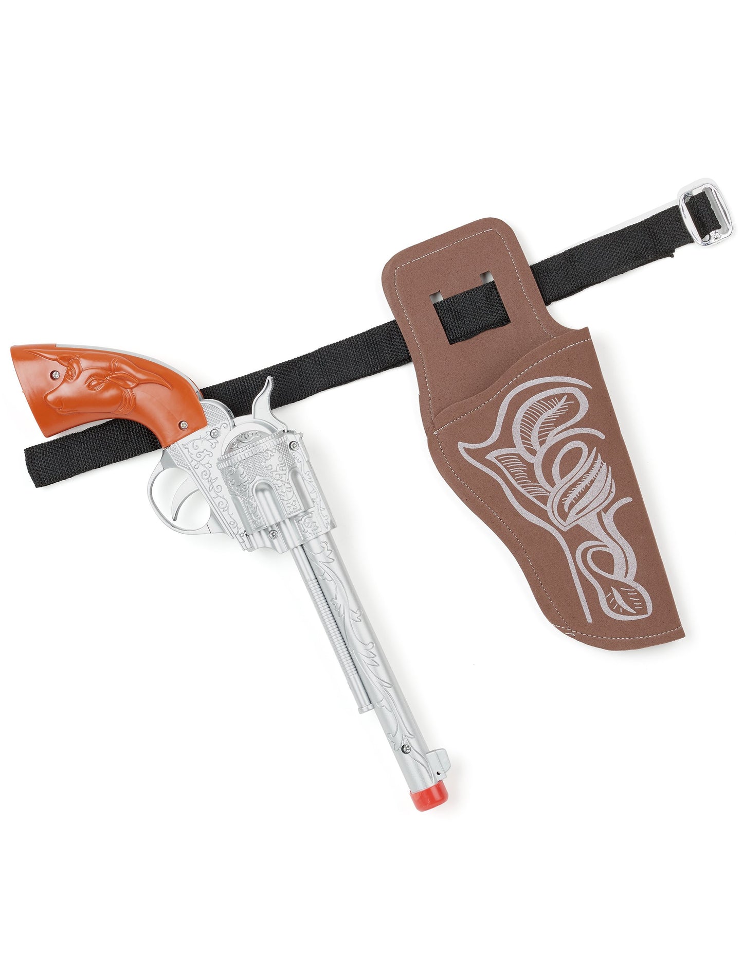 Strieborný a hnedý plastový detský pištoľ a kovbojský opasok