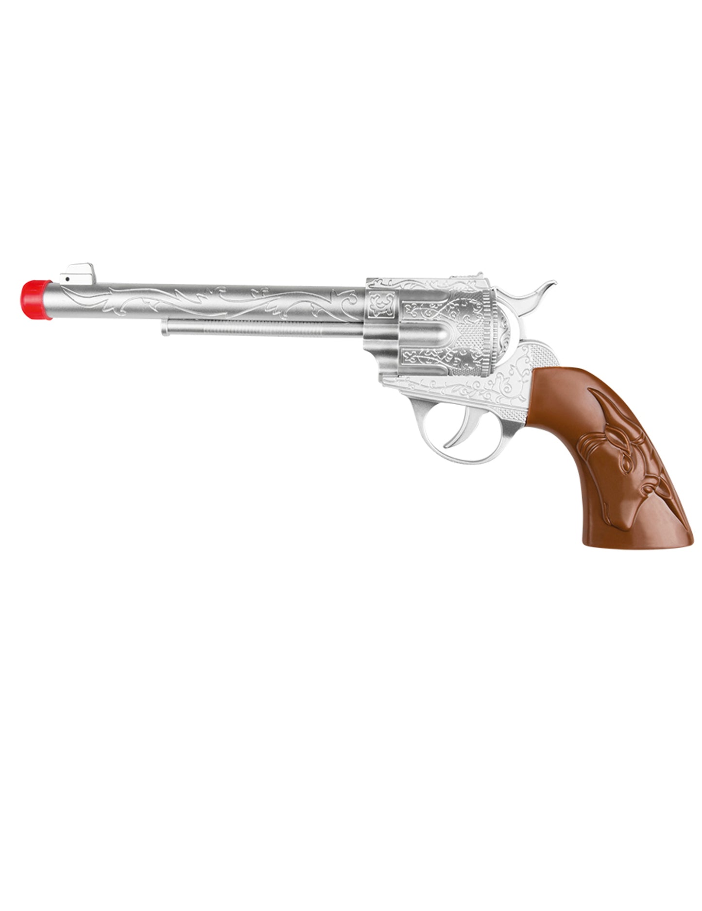 Pistolet sonore cowboy argenté avec crosse marron et embout rouge