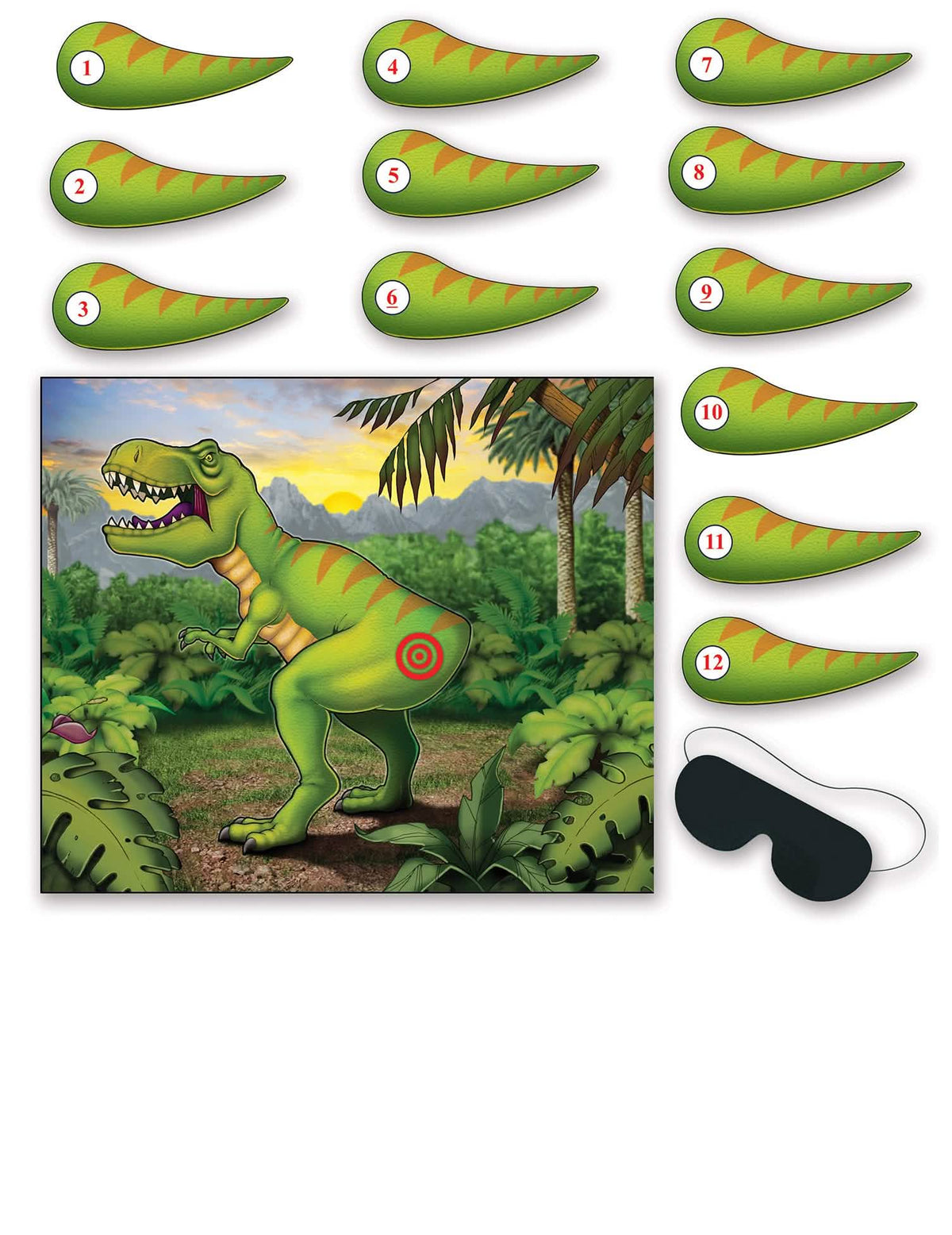 Hra na oslavu dinosaurus pre deti zelená s očíslovanými chvostmi a čierna páska na oči
