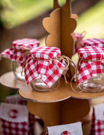 Červeno-biela ginghamová sklenená nádoba 7 cm štýl guinguette