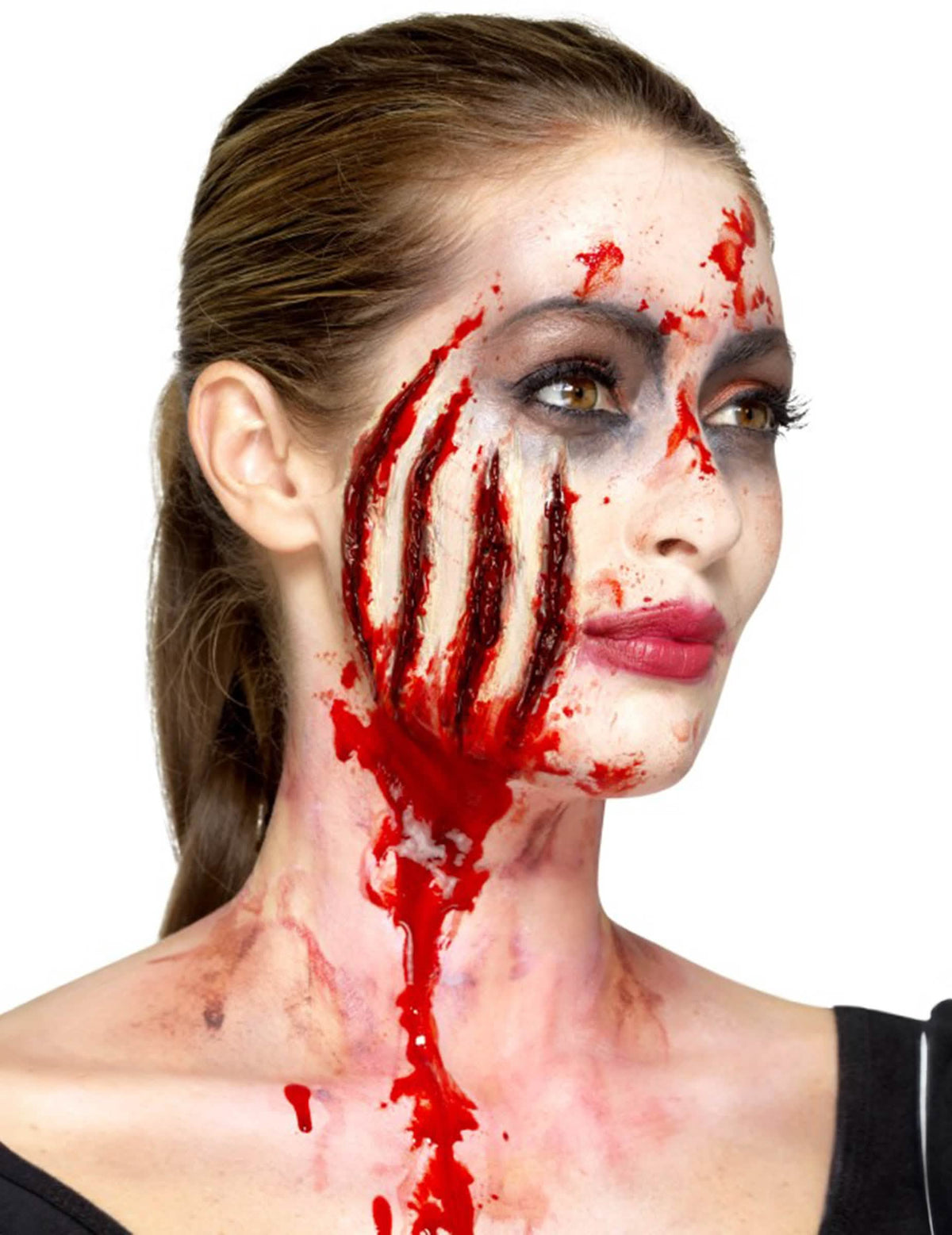 Trojštvrťový pohľad na latexovú protézu s ranami halloween