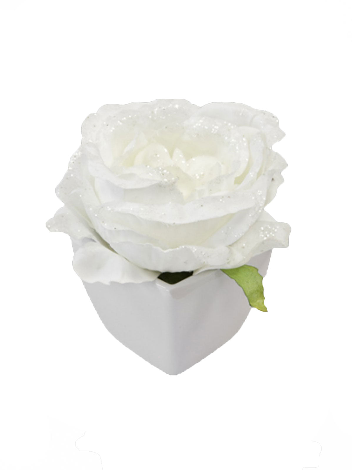 Umelá biela trblietavá ruža v bielom kvetináči 8 cm zlatý
