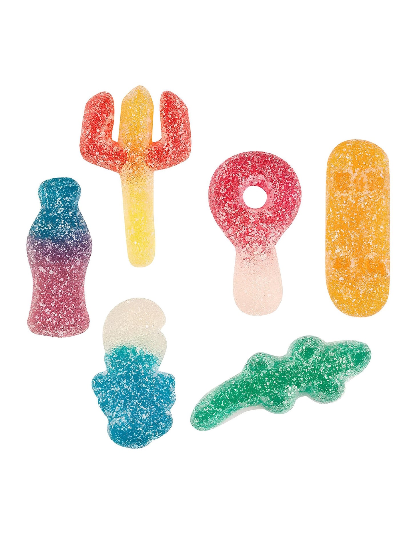 Detailný pohľad na rôzne tvary sáčku cukríkov Delir' Haribo