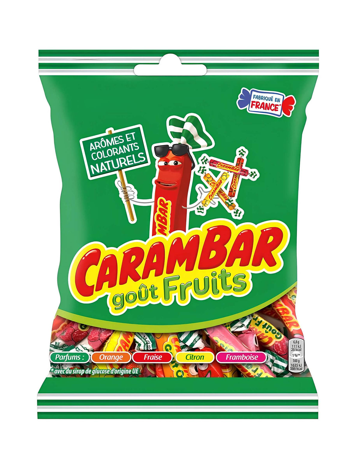 Vrecúško cukríkov Carambar ovocie pre dieťa a dospelý s príchuťami oranžová, jahoda, citrón a malina