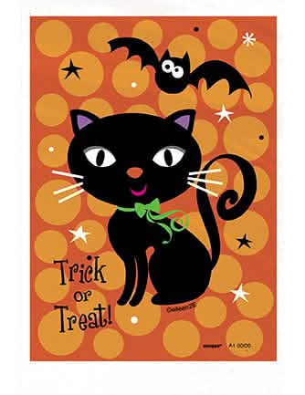 Vrecúška na maškrty Trick or Treat pre halloween oranžová s čierna mačka a netopier