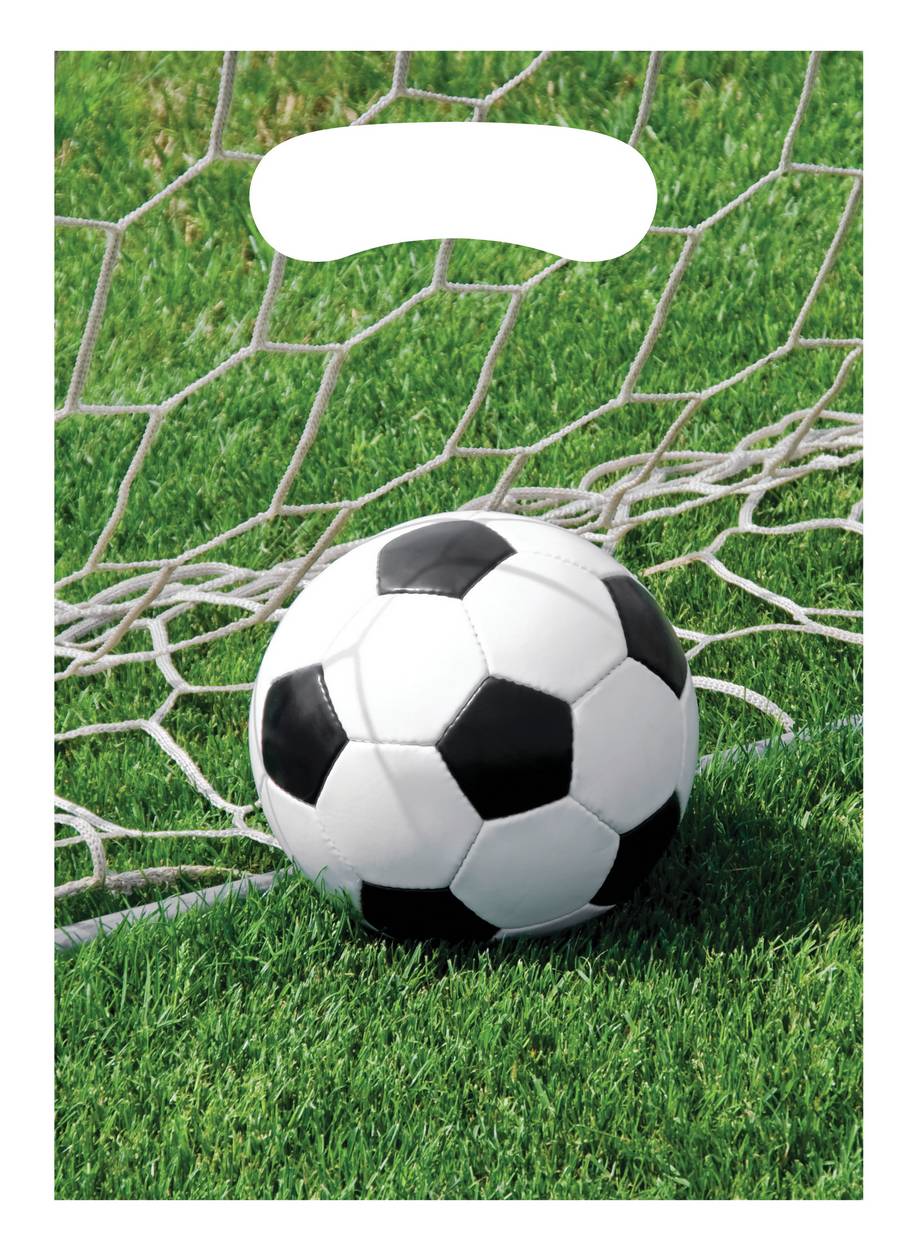Sacs cadeaux en plastique foot avec motif de ballon dans un filet sur herbe verte