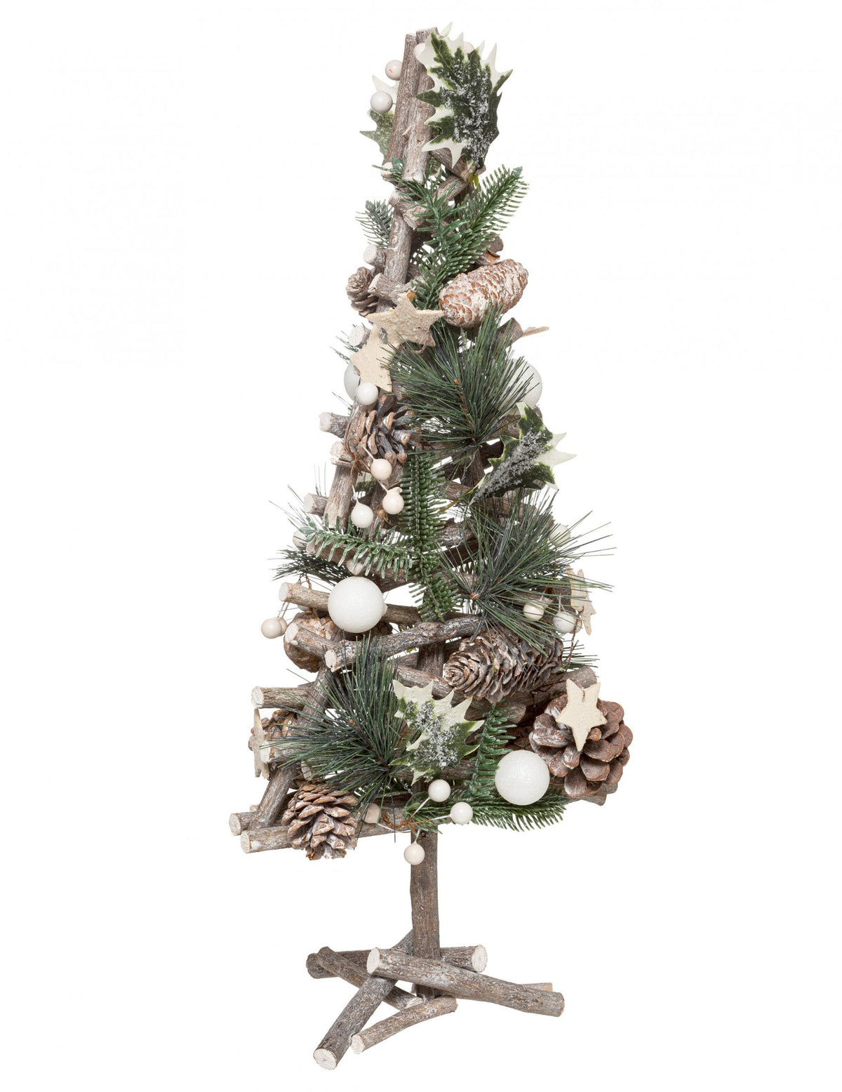 Sapin de noël bois naturel avec pommes de pin et boules blanches