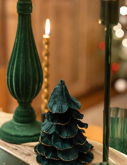 Sapin de Noël velours vert foncé et or 12 x 16 cm