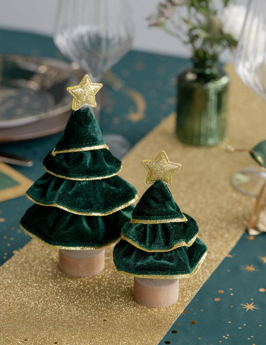 Petit sapin en velours vert à paillettes dorées 7 x 12 cm