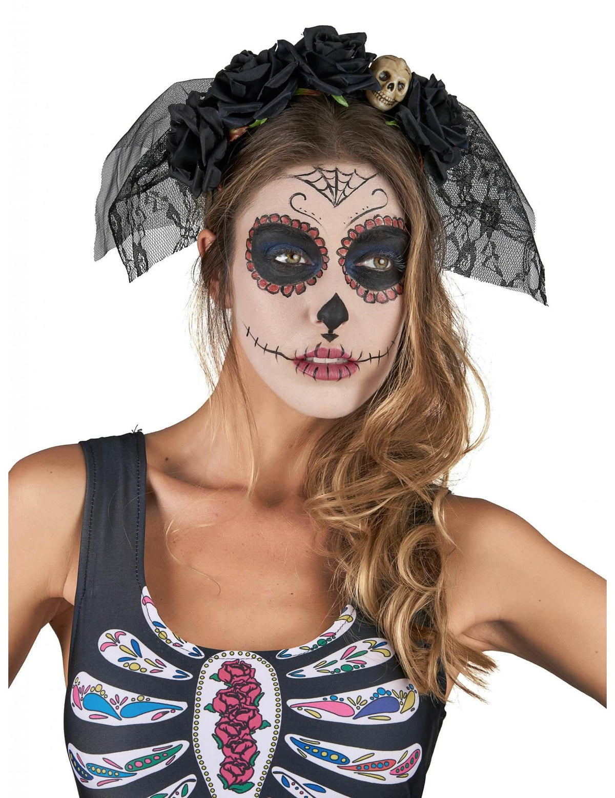 Čelenka Dia De Los Muertos pre ženu čierna s čipkovým závojom a ružami