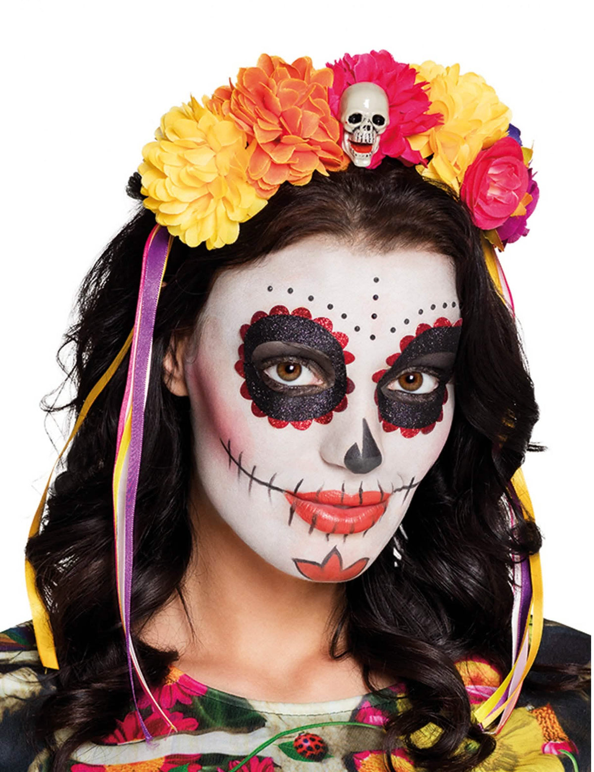 Čelenka s veľkými kvetmi Dia de los muertos pre dospelý viacfarebné s lebkou