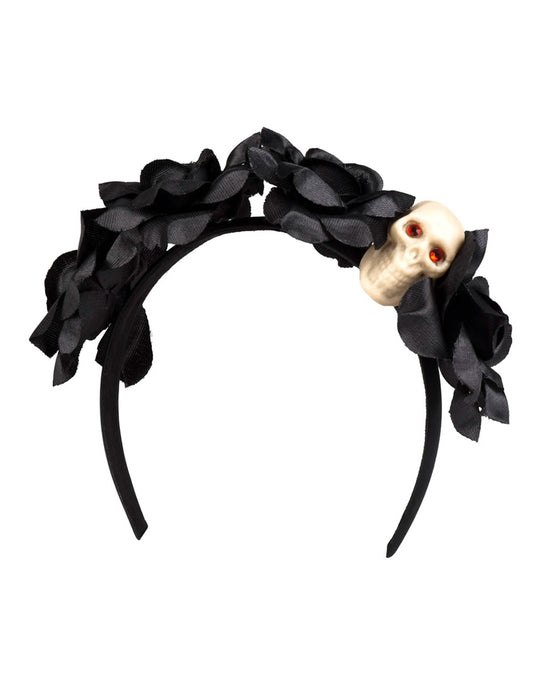 Vue de face du serre-tête roses noires avec tête de mort Dia de los muertos