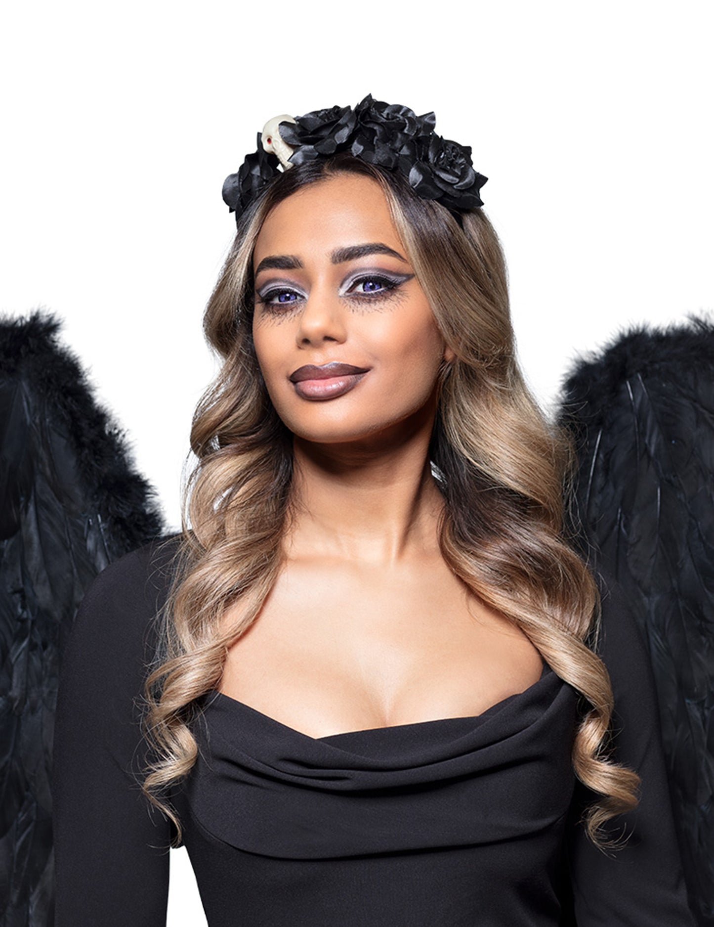 Čierna ružová čelenka s lyžiarskou ženou Dia de los Muertos