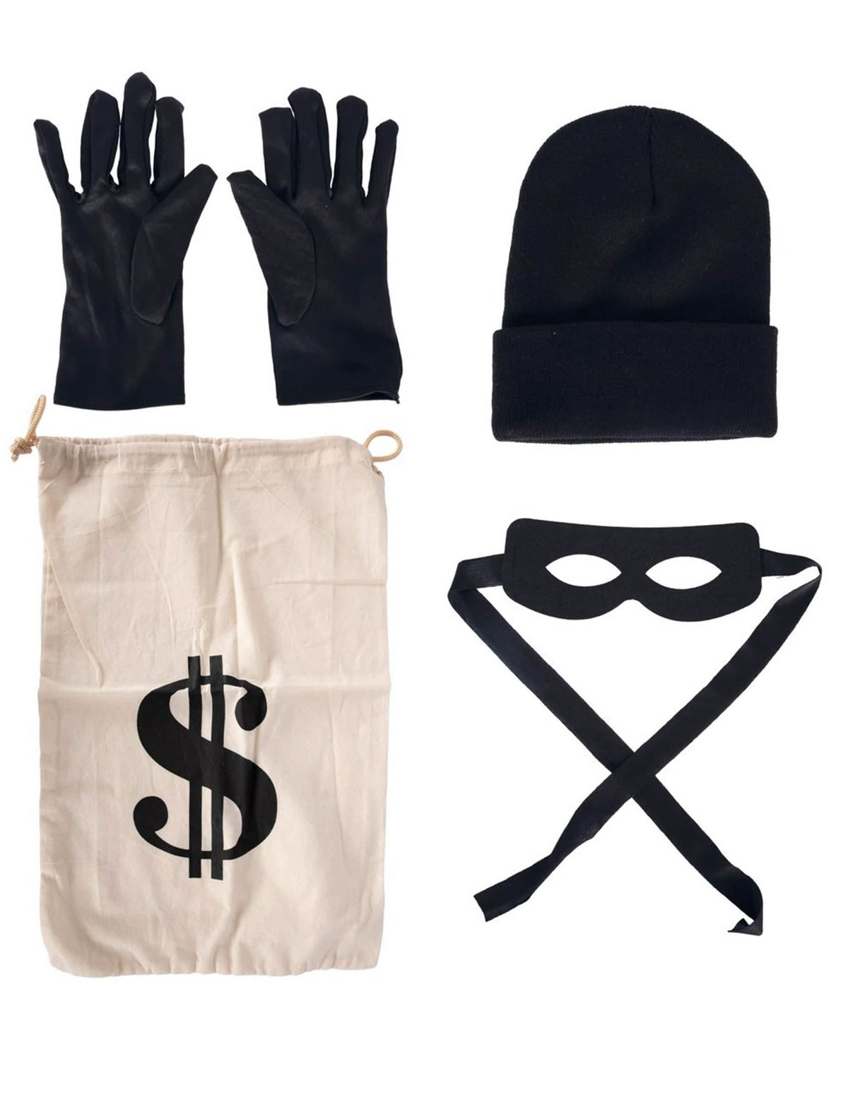 Détail des accessoires du set de déguisement cambrioleur pour adulte