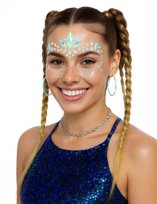 Mise en situation sur le visage des strass adhésifs phosphorescents
