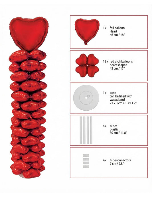 Détail du contenu du Kit colonne de ballons aluminium cœur Saint Valentin