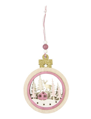 Ružová drevená vianočná guľa s motívom dedinky, 11,9 x 9 x 1 cm pre jedľu